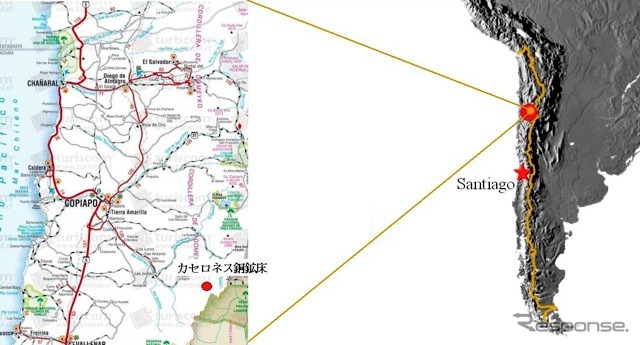 カセロネス銅・モリブデン鉱床の所在地。チリ第III州の州都コピアポから南東162km、アルゼンチンとの国境から15kmに所在。鉱床付近の標高は4200 - 4600ｍ