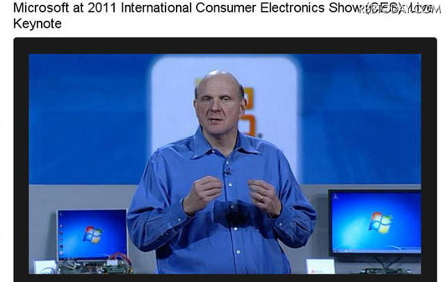 【CES 2011】米マイクロソフト、基調講演でARMベースSoCサポートの次期Windowsをデモ 基調講演を行なった米マイクソロフトCEOのスティーブ・バルマー氏（基調講演の映像より）