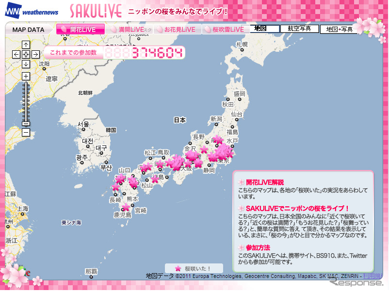 桜の開花状況をリアルタイムでマップ化したサイトを開設