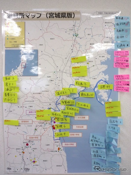 宮城県避難所マップ。県内の避難所は約500ある。