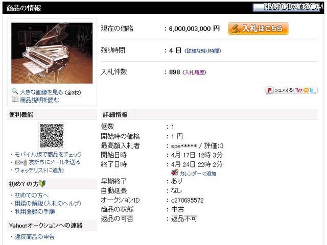 YOSHIKIのピアノ、60億円を突破……“いたずら”の可能性も浮上 20日正午現在の価格。60億3000円となっている