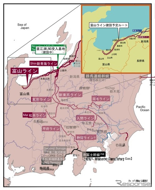 天然ガスパイプラインマップ：富山ライン建設予定ルート