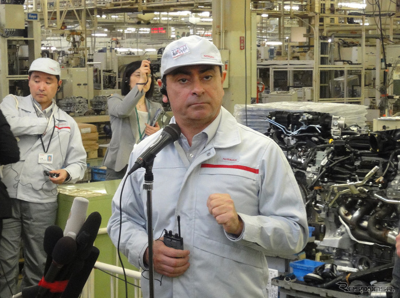 再開した日産いわき工場で会見をおこなったカルロス・ゴーン社長（5月17日）