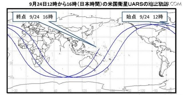 9月24日12時から16時（日本時間）の米国衛星UARSの地上軌跡