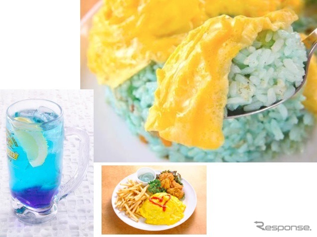 オムライスの卵に包まれているのはドアラ色のピラフ。左下はドアラハイボール。