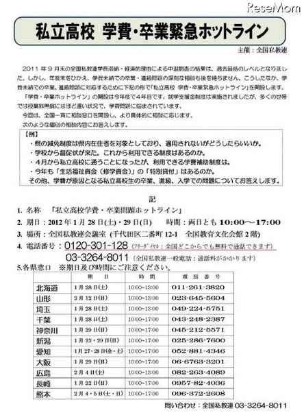 2012学費・卒業緊急ホットライン開設