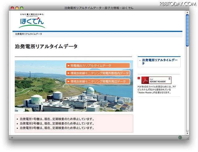 「停止」の文字が並ぶ泊発電所リアルタイムデータ