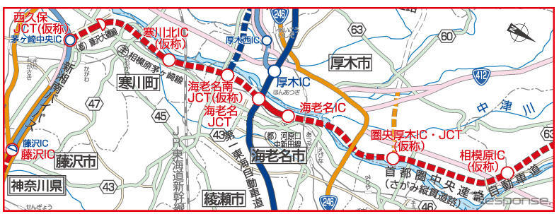 さがみ縦貫道の開通予定図。IC/JCT名は仮称時のもの。