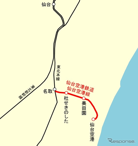 仙台空港鉄道線第空港線（仙台空港アクセス線）の路線図。