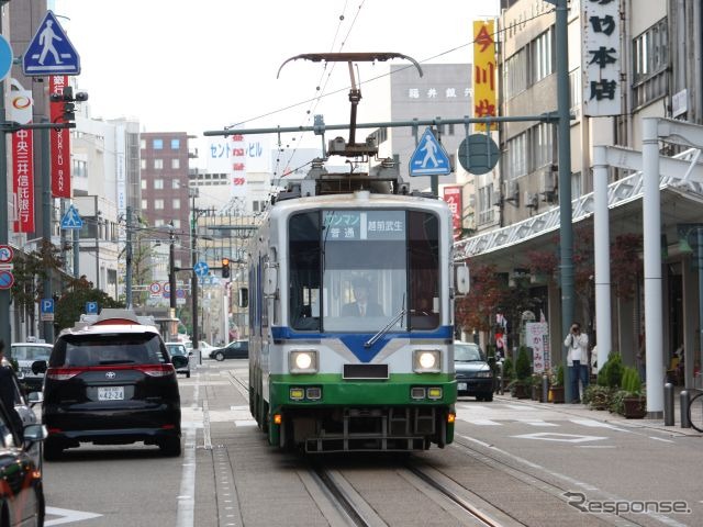 「福井駅前マラソン」で一部運休する福井鉄道福武線の市役所前～福井駅前間。