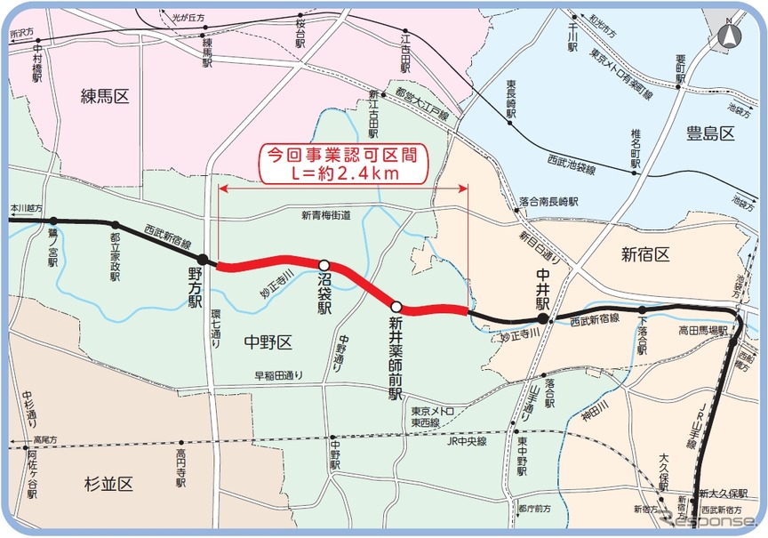 連続立体交差事業が実施される西武新宿線中井～野方間。