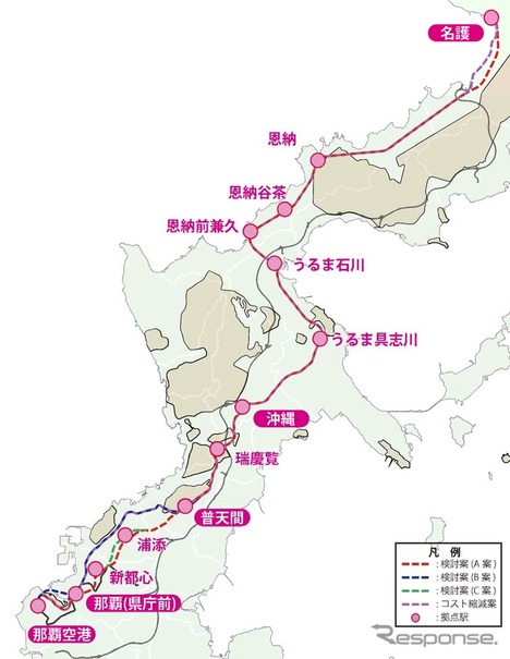 2012年の検討報告書による沖縄本島縦貫鉄道の想定ルート。那覇空港～名護間の約69kmを結ぶ。