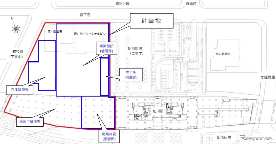 旭川ターミナルビルの平面図。旭川駅の北西側に建設される。駅西側の高架下にもターミナルビルの施設が整備される。