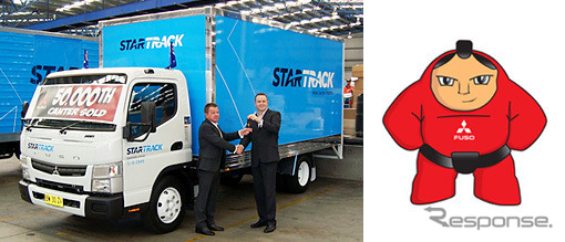累計販売5万台を達成した小型トラック「キャンター」とマスコットキャラクター