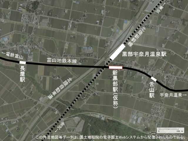 富山地鉄本線の新黒部駅（仮称）。北陸新幹線の黒部宇奈月温泉駅付近に設けられる。