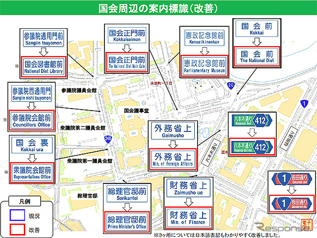 東京都などが発表した「国会周辺の案内標識（改善）」の内容