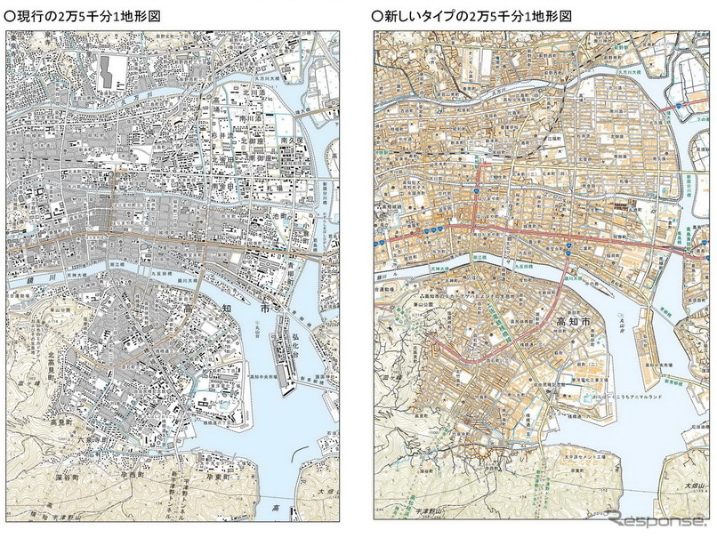 2万5000分1地形図「高知」の新旧比較