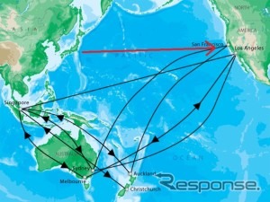 黒線が各国エアラインの認定済みの路線で、赤点線が今回認定された、JALのサンフランシスコ線。