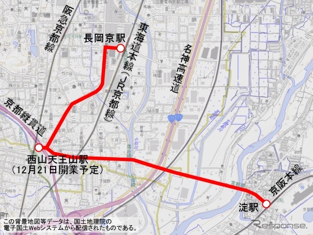 12月21日から運行を開始する京阪淀駅～JR長岡京駅間のバス路線のルート。阪急の新駅・西山天王山駅を経由する。