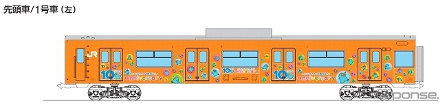 「ICOCAラッピング列車」の先頭車イメージ（1号車）。さまざまなポーズをとった「カモノハシのイコちゃん」が車体に描かれる。