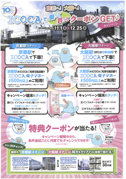 JR西日本が「ICOCA」10周年を記念して行う「京都へ！大阪へ！ICOCAで乗って買ってクーポンGETキャンペーン」の案内