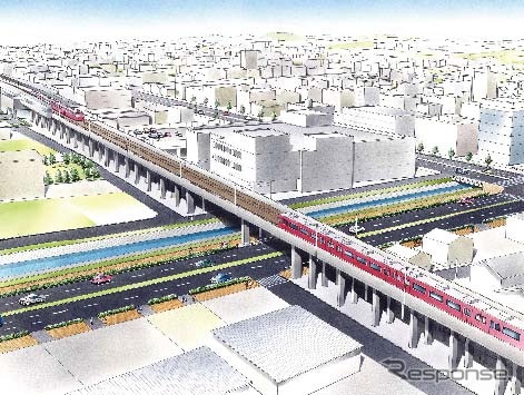 河和線青山駅付近の高架化の完成イメージ。11月16日から全面的に高架線に切り替えられる。