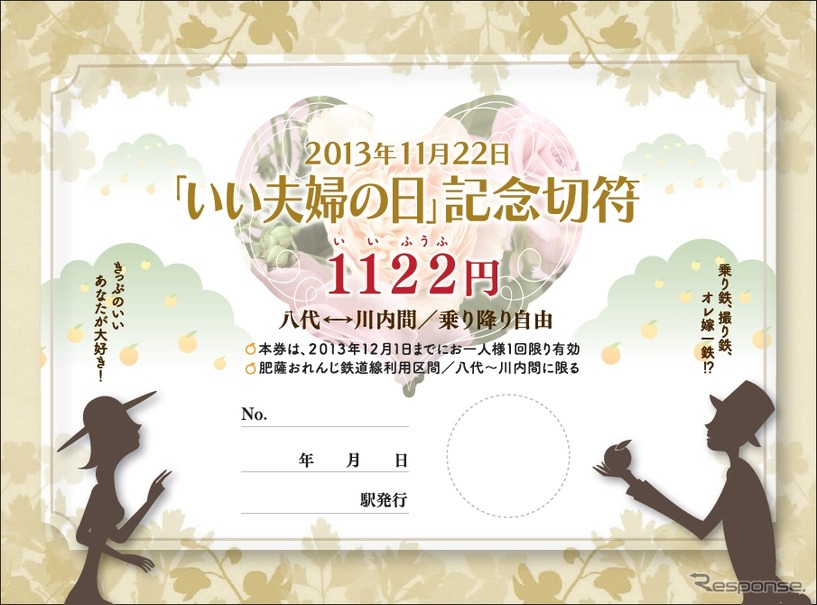 「『いい夫婦の日』記念切符」のデザイン。通常の1日フリー乗車券の半額以下で肥薩おれんじ鉄道線を1日利用できる。