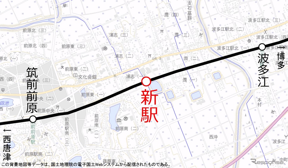 新駅の設置位置。波多江・筑前前原両駅の中間に設ける。