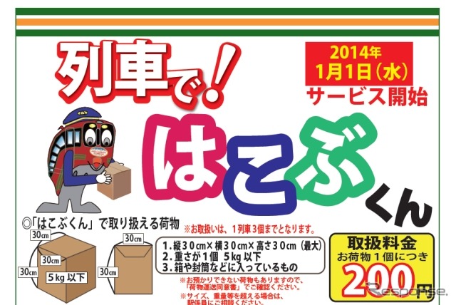 会津鉄道の荷物サービス「列車で！はこぶくん」の案内。1個200円で荷物を送ることができる。