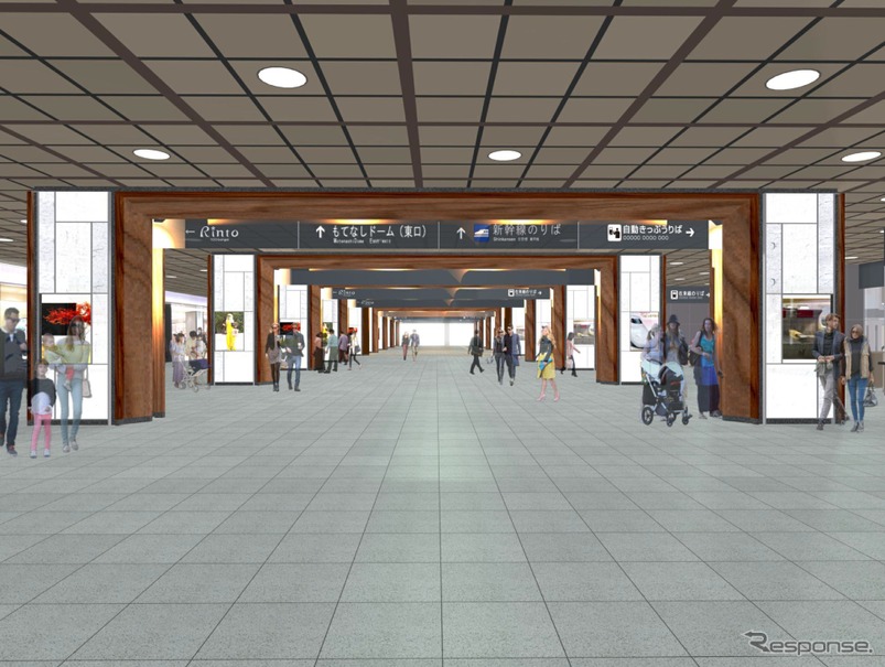金沢駅リニューアルのイメージ（西口側から東側を望む）。鼓門をイメージした「デザイン的にインパクトのある設備」を連続的に設置する。