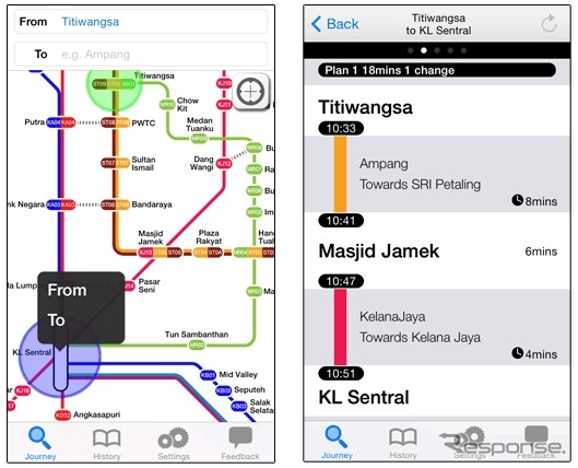 「NAVITIME Transit - Kuara Lumpur Malaysia」の画面イメージ。路線図の画面（左）で出発駅と目的駅をタップすると、乗り換える路線や所要時間が分かる（右）。