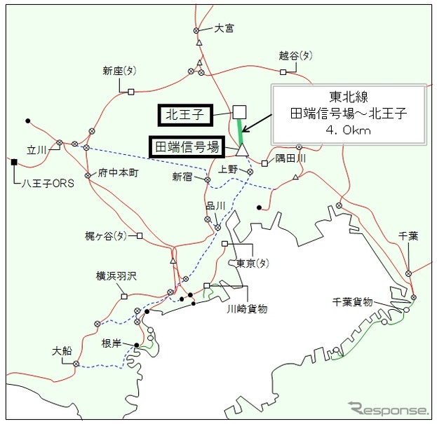 「北王子支線」の位置。3月14日限りで貨物列車の運行を終了し、7月1日付で廃止される見込みだ。