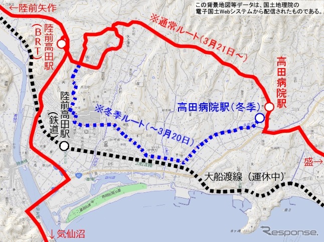 大船渡線BRTの陸前高田～高田病院間。積雪を考慮して2013年12月12日から海側の一般道を走るルートに変更されていたが、3月21日から内陸側のルートに戻す。