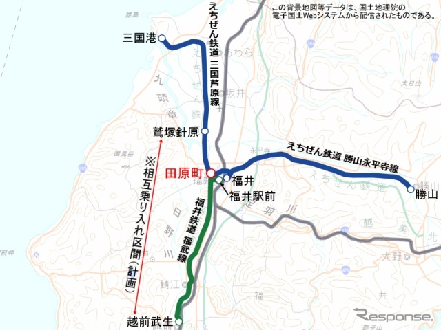 福井鉄道福武線とえちぜん鉄道三国芦原線は田原町駅で連絡している。同駅を改良して両線の直通運行を行う計画が現在進められており、2015年春からの運行開始が考えられている。