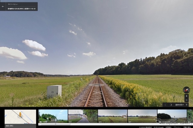 Googleマップのストリートビューで表示した湊線の線路。同線の車窓をパソコンなどで閲覧できる。