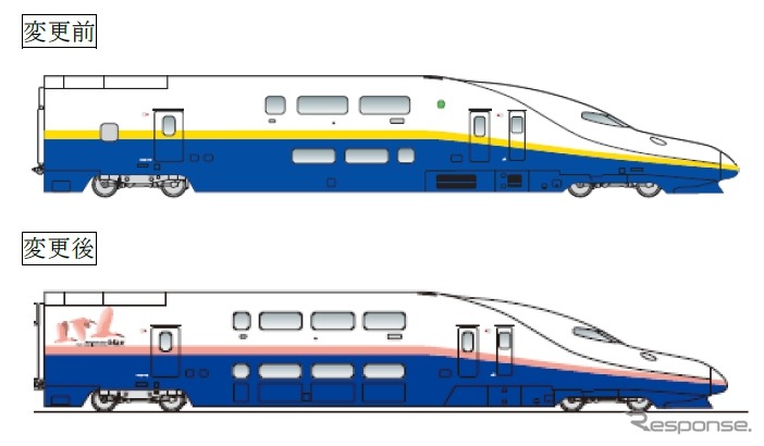 E4系の車体デザイン変更前（上）と変更後（下）のイメージ。かつてE1系で採用されていた「朱鷺色」の帯が復活する。