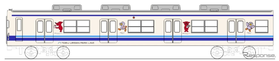 東武アーバンパークラインで4月26日から運転を開始する「コバトン＆チーバくん ラッピングトレイン」。8000系の車体を「コバトン」「チーバくん」のイラストで装飾する。