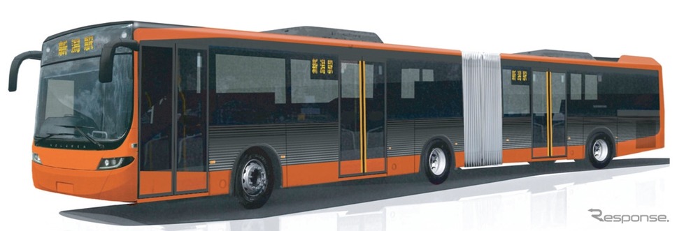 新潟のBRT車両として導入される連節バスの外観デザイン。朱色をシンボルカラーとして採用する。
