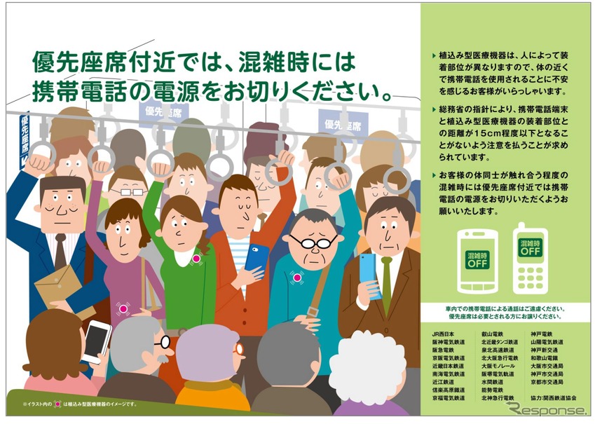 JR西日本や近鉄など関西の鉄道25社局が掲出する共同ポスターのイメージ。7月1日以降は優先席付近での携帯電話の電源切断を呼びかける案内を「混雑時」のみに限定する。