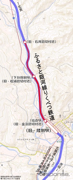 ふるさと銀河線りくべつ鉄道の位置。北海道ちほく高原鉄道ふるさと銀河線（2006年廃止）の陸別駅と同駅北見方の線路を活用した鉄道体験施設として運転・乗車体験を行っている。今年7・8月は陸別駅構外の乗車体験区間を北へ約1.2km延長（点線）する。