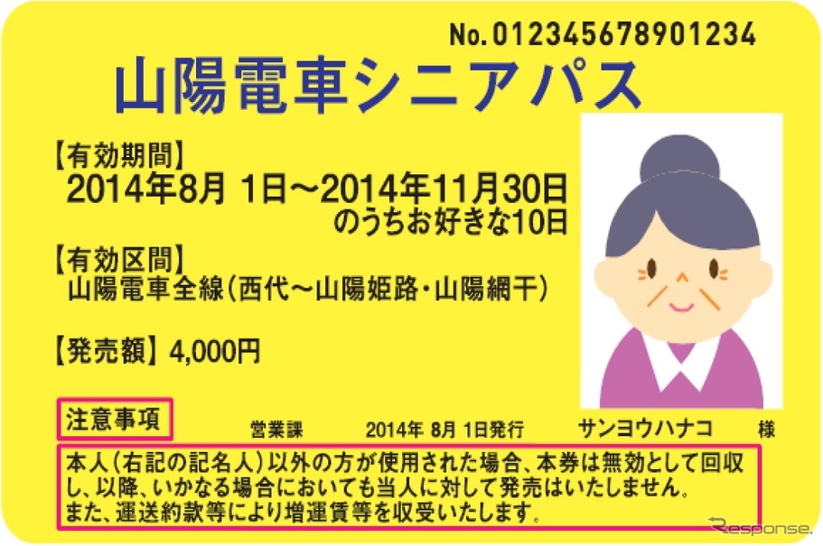 「山陽電車シニアパス」の券面イメージ。満70歳以上の人が利用できるフリー切符として8月1日から発売される。