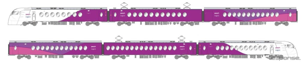 9月7日から運転を開始する「ハッピーライナー」の外観イメージ。特急ラピートの車体をピーチ機と同じデザインで装飾する。