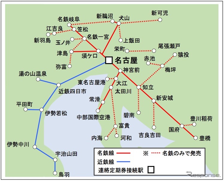 名鉄と近鉄は9月21日から、名古屋駅を接続駅とする両社線の連絡IC定期券を発売する。図は連絡IC定期券の発売範囲。名鉄線内の発売範囲は名鉄発売と近鉄発売で異なる