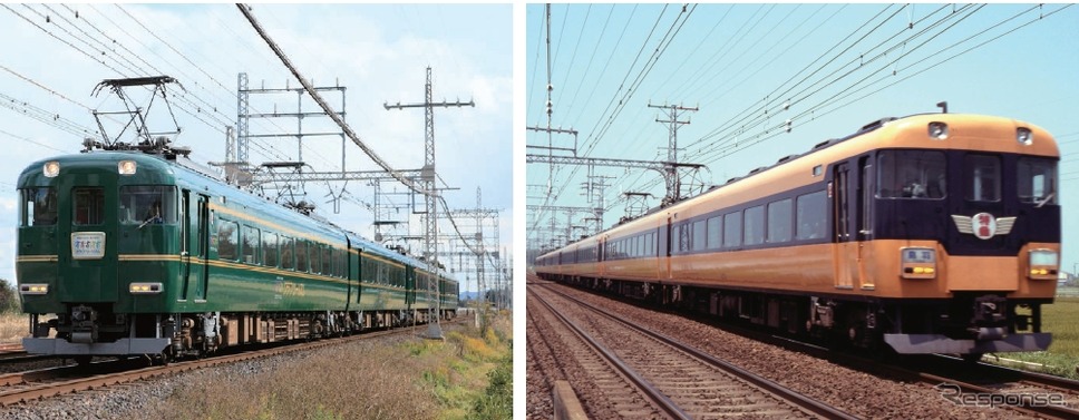 青山町車庫で連結される「かぎろひ」(左)と12200系(右)。両編成を連結した撮影会が青山町車庫で行われる。
