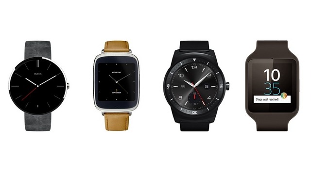 IFA 2014で発表されたAndroid Wear搭載端末。左から「Moto 360」「Zen Watch」「G Watch R」「SmartWatch 3」