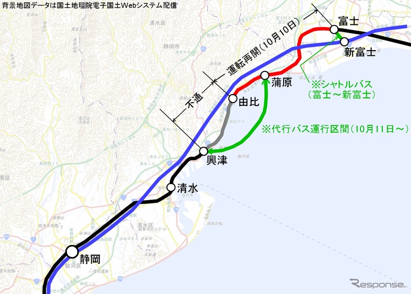 富士～静岡間の鉄道路線図。東海道本線は富士～由比間（赤）が再開した。10月11日からは蒲原～興津間で代行バス（緑）が運行される。富士～新富士～静岡間のシャトルバス（緑）と東海道新幹線（青）による代替輸送も引き続き行われる。