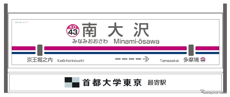 京王電鉄が広告販売を検討している副駅名標板のイメージ。第1弾として11月1日から南大沢駅に設置する。