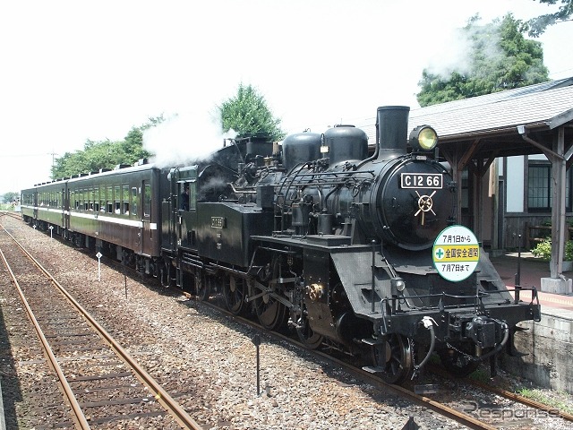 真岡鐵道は自作ヘッドマークを取り付けた蒸気機関車の撮影会を11月23日に行う。写真は自作ヘッドマーク掲出機になる予定のC12 66。