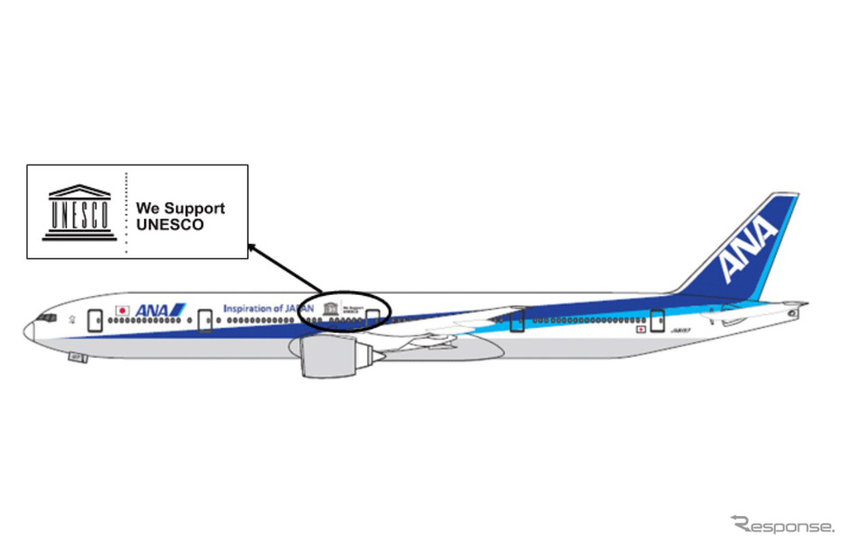 ANA、ユネスコのロゴをラッピングした機材で国際線を運航