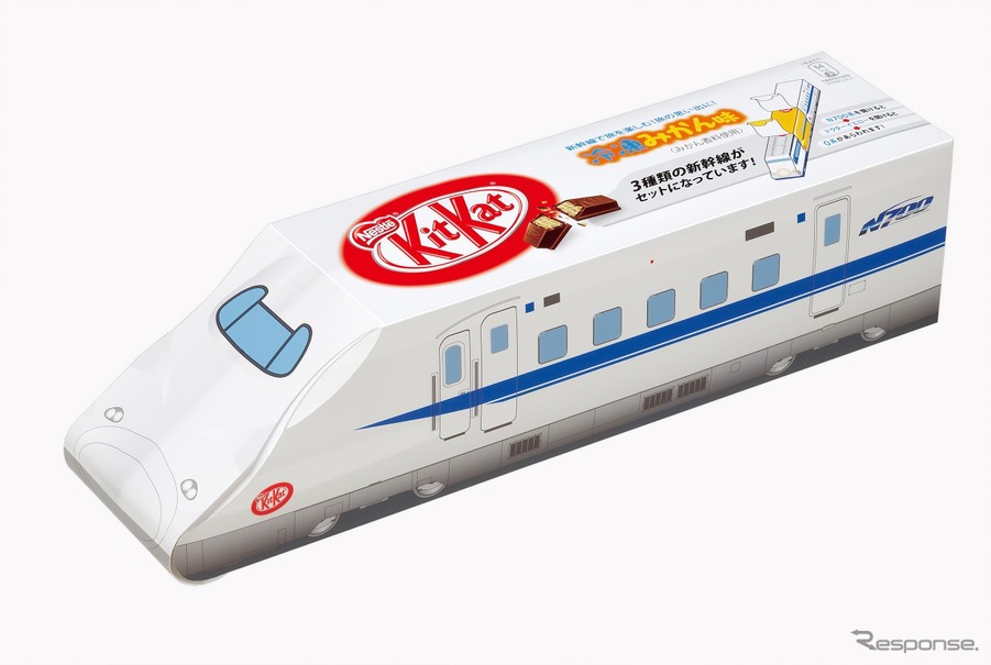 11月14日から販売されている「キットカットミニ 冷凍みかん味」。東海道新幹線の開業50周年を記念した限定商品で、新幹線型パッケージを採用している。